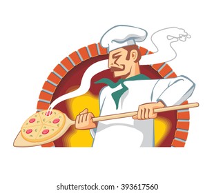 Pizzaiolo en el trabajo, saca la pizza acabada del horno de piedra con fuego, ilustración vectorial de icono