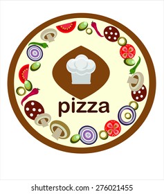 pizza,pizza ingredients and cook hat,white background.