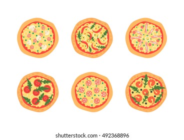 Pizzas with different toppings including Margherita, shrimp, bacon, onion, tomatoes. Top view. Vector illustration. Cartoon stylized