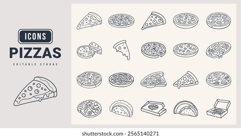 Pizzas Icons set. Vector illustration in modern thin line style of Pizzas icons.