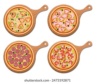 Pizzas on wooden boards on a white background. Vector illustration