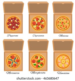 Pizzas in the opened cardboard boxes illustration