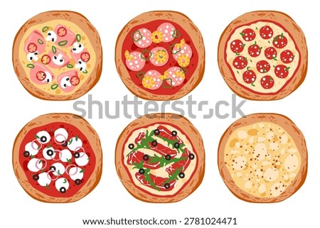 Pizzas with various toppings. Pepperoni Margherita Cheese pizzas with tomato and cream sauces, jamon ham salami mushroom ingredients, italian traditional food oven baked. Vector set.
