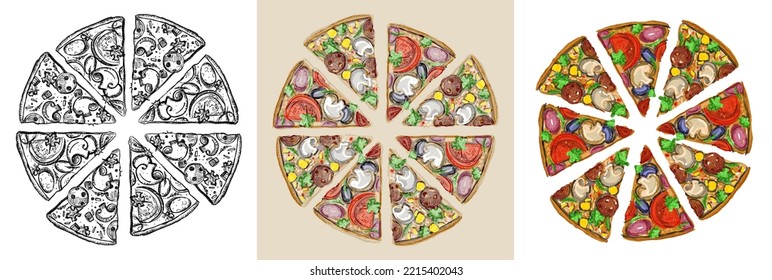 Pizzas vector sketch style illustration vector set