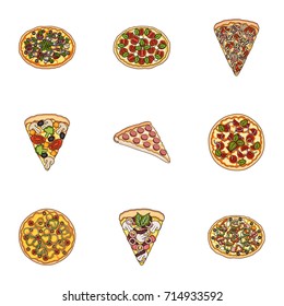 Pizza,slice with meat, cheese and other filling. Different pizza set collection icons in cartoon style vector symbol stock illustration web.