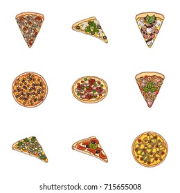 Pizza,slice with meat, cheese and other filling. Different pizza set collection icons in cartoon style vector symbol stock illustration web.