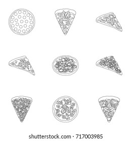 Pizza,slice with meat, cheese and other filling. Different pizza set collection icons in outline style vector symbol stock illustration web.