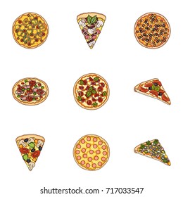 Pizza,slice with meat, cheese and other filling. Different pizza set collection icons in cartoon style vector symbol stock illustration web.