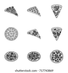 Pizza,slice with meat, cheese and other filling. Different pizza set collection icons in monochrome style vector symbol stock illustration web.