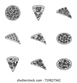 Pizza,slice with meat, cheese and other filling. Different pizza set collection icons in monochrome style vector symbol stock illustration web.