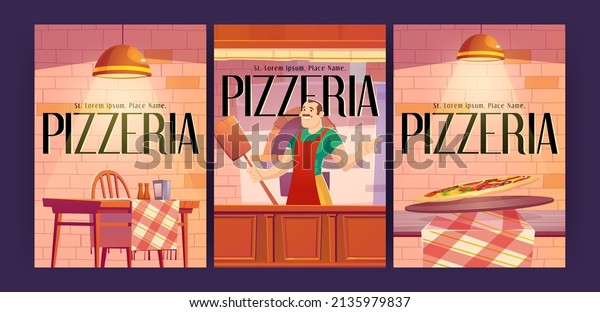 Pizzeria ads posters with man baker hold\
pizza shovel stand near oven at cafe cashier desk. Invitation flyer\
to cozy family place in rustic style, food court cafeteria, Cartoon\
vector illustration