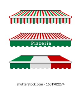 Pizzeria awnings. Italian food design elements in the colors of the italian flag. Vector illustration.