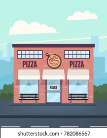 Pizzeria in the background of the city. Pizzeria facade. Vector illustration in a flat style