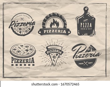 Pizzeria badges. Set of pizza logos with whole pizzas and slices. Labels for trattoria, pizzeria, Italian cuisine restaurant of cafe on vintage paper background