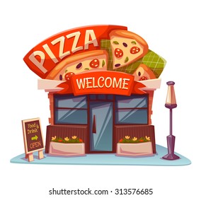 Pizzeria building with bright banner. Vector illustration.