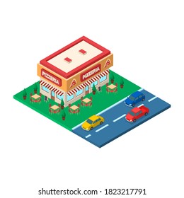 Pizzeria Building Concept 3d Isometric View Architecture Construction for Game on a White. Vector illustration of Italian Cafe