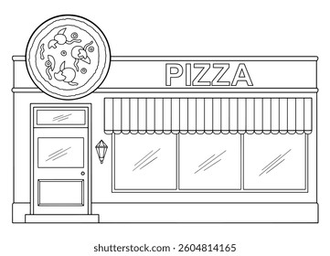 Pizzeria building restaurant exterior graphic black white isolated sketch illustration vector