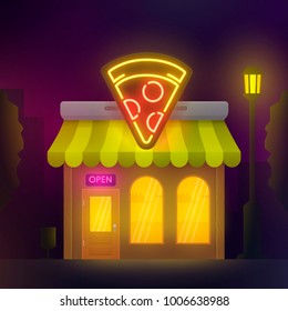 Pizzeria cafe building. Night city. Pizza cafe neon sign. Pizza banner, logo, emblem and label. Neon sign, bright signboard, light banner.