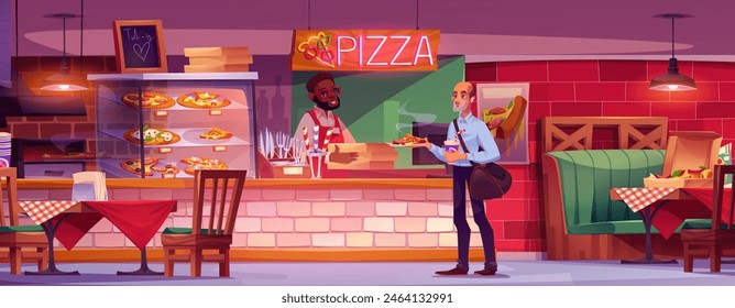 Interior de la cafetería de la pizzería con cajero masculino y personajes Clientes. Persona masculina del Vector de dibujos animados con la pizza y la soda, pizzaiolo con la caja de comida para llevar dentro del restaurante de comida rápida con las mesas y la barra del bar