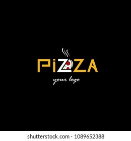 Pizzeria cafe logo, pizza icon, emblem for fast food restaurant. Simple flat line style pizza logo on black background