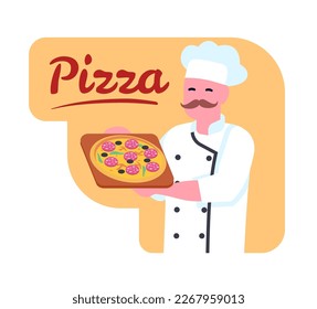 Pizzeria chef holding mouthwatering pizza in his hands. Italian food. Cook in uniform. Happy man showing meal dish. Baked snack with cheese or salami. Tasty pepperoni