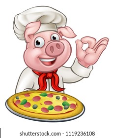 A pizzeria chef pig cartoon character mascot holding a pizza and doing a perfect hand gesture