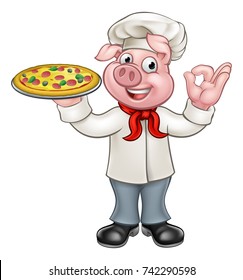 A pizzeria chef pig mascot cartoon character holding a pizza and doing a perfect hand gesture