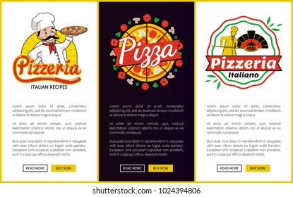 Pizzeria collection of web pages with logotypes, pizzeria and pizza signs, sites with editable text sample and buttons isolated on vector illustration