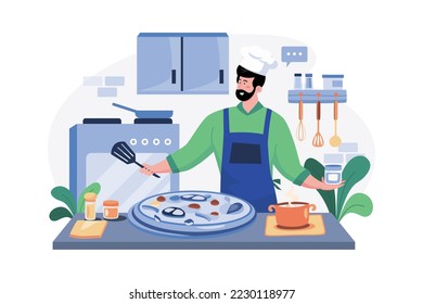 Pizzeria Composition With Chefs Baking Pizza