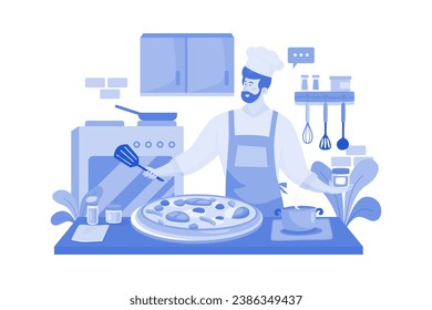 Pizzeria Composition With Chefs Baking Pizza