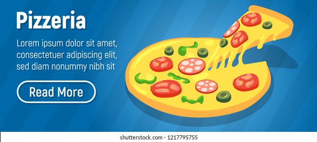 Pizzeria concept banner. Isometric banner of pizzeria vector concept for web, giftcard and postcard