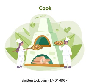 Pizzeria concept. Chef cooking tasty delicious pizza. Italian food. Salami and mozarella cheese, tomato slice. Isolated vector illustration in cartoon style