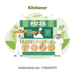 Pizzeria concept. Chef cooking tasty delicious pizza. Italian food. Salami and mozarella cheese, tomato slice. Isolated vector illustration in cartoon style