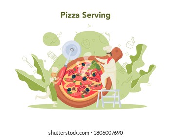 Pizzeria concept. Chef cooking tasty delicious pizza. Italian food. Salami and mozarella cheese, tomato slice. Isolated vector illustration in cartoon style