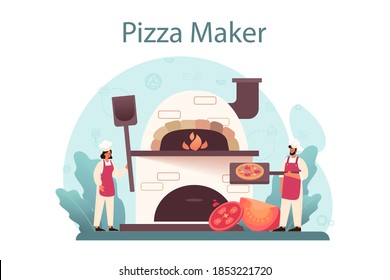 Pizzeria concept. Chef cooking tasty delicious pizza. Italian food. Salami and mozarella cheese, tomato slice. Isolated vector illustration in cartoon style