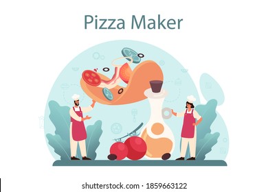 Pizzeria concept. Chef cooking tasty delicious pizza. Italian food. Salami and mozarella cheese, tomato slice. Isolated vector illustration in cartoon style
