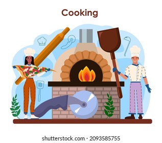 Pizzeria concept. Chef cooking tasty delicious pizza. Italian food. Salami and mozarella cheese, tomato slice. Isolated vector illustration in cartoon style