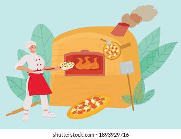pizzeria concept. the chef puts the pizza in a stone oven, around the plant and kitchen tools. template. vector flat.