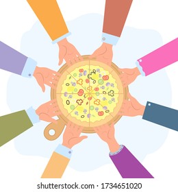 Pizzeria. The concept of a family pizzeria. Hands divide the pizza into pieces. Colorful vector illustration.