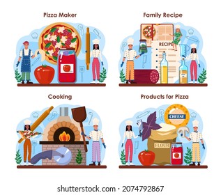 Pizzeria concept set. Chef cooking tasty delicious pizza. Italian food. Salami and mozarella cheese, tomato slice. Isolated vector illustration in cartoon style