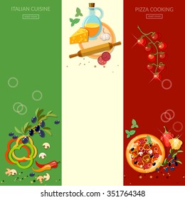 Pizzeria cooking pizza italian cuisine ingredients olives cheese tomatoes vertical banners 