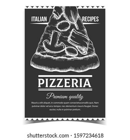 Pizzeria Delicious Italian Recipe Banner Vector. Cooked Slice Cheese Pizza With Ingredients Champignon Mushroom And Bacon, Olive And Spinach Leaves On Pizzeria Monochrome Illustration