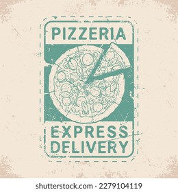 Pizzeria delivery emblem vintage monochrome with fresh pepperoni pizza cut into pieces for express delivery vector illustration