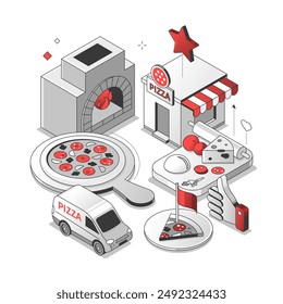 Pizzeria and delivery - isometric red and black line illustration. Online food ordering, Italian cafe idea. Cook, pizza on a board, ingredients, delivery, oven, plate, slice of pizza images