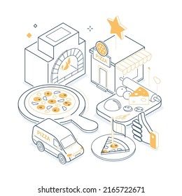 Pizzeria and delivery - isometric yellow and black line illustration Online food ordering, Italian cafe idea. Cook, pizza on a board, ingredients, delivery, oven, plate, slice of pizza illustration