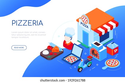 Pizzeria and delivery - modern colorful isometric web banner with copy space for text. Online food ordering, Italian cafe idea. Cook, scooter, pizza on a board, oven and ingredients, bag illustration