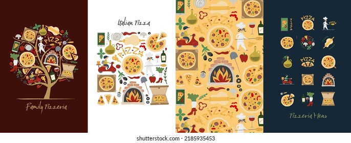 Elementos de diseño de pizzería. Árbol de concepto de pizza, marco de arte, conjunto de iconos y fondo de patrón. Juego de banners con un estilo dibujado a mano. Ilustración del vector