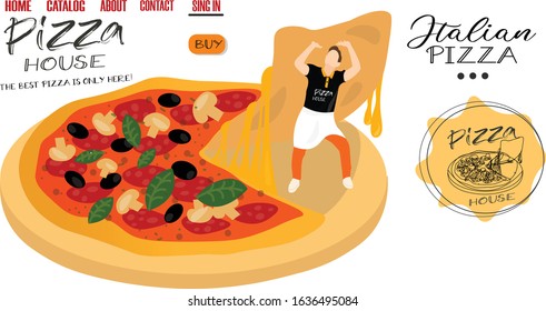 Pizzeria Design for pizza delivery online site. Pizzeria web page. Vector image. Pitsiola tears off a huge piece of pizza. Giant pizza. Papperoni. Native Italian pizza stamp.