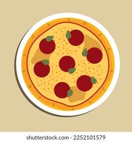 Pizzeria Design for pizza delivery online site. Vector image. Pitsiola tears off a huge piece of pizza. Giant pizza. Papperoni. Native Italian pizza stamp. Food illustration for poster design