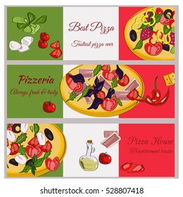 Pizzeria design template. Horizontal vector banners set. Pizza restaurant menu.